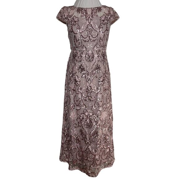 Alex Evenings Size 4 Petite Sequined Embroidered Mauve Maxi Dress Cap Sleeves - Picture 1 of 12
